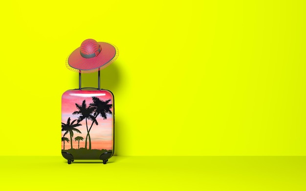 Valise avec chapeau de soleil sur fond pastel