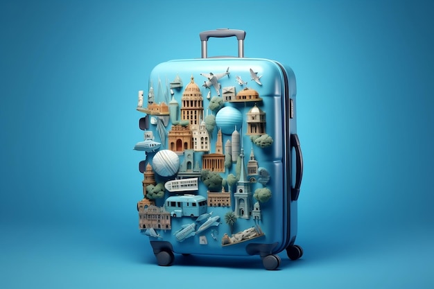 Une valise en cobalt remplie de points de repère et d'essentiels de voyage