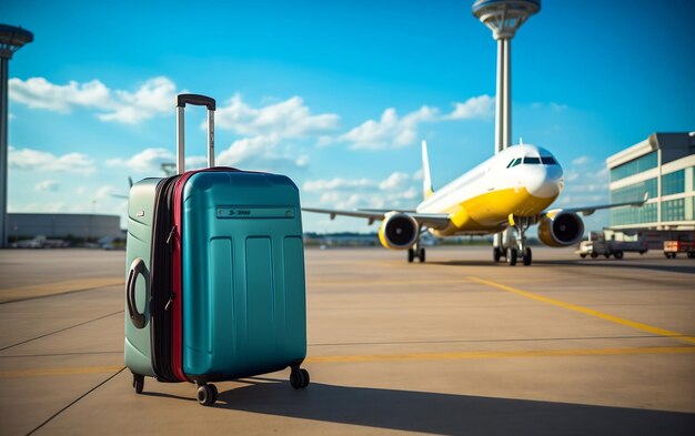 Une valise colorée avec un avion commercial garé sur un tarmac d'aéroport AI