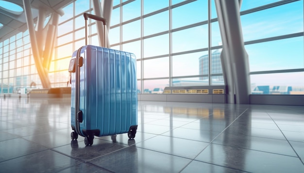 La valise de couleur dans le couloir vide de l'aéroport Concept de voyage