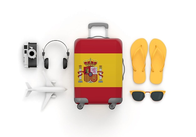 Photo valise drapeau espagne et accessoires de voyage à plat d rendu