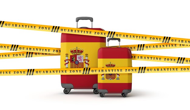 Valise drapeau espagne couverte de bande de zone de quarantaine rendu d