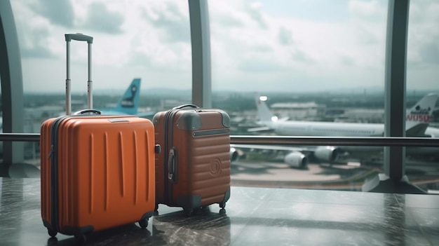 Une valise est posée sur un comptoir devant un avion.