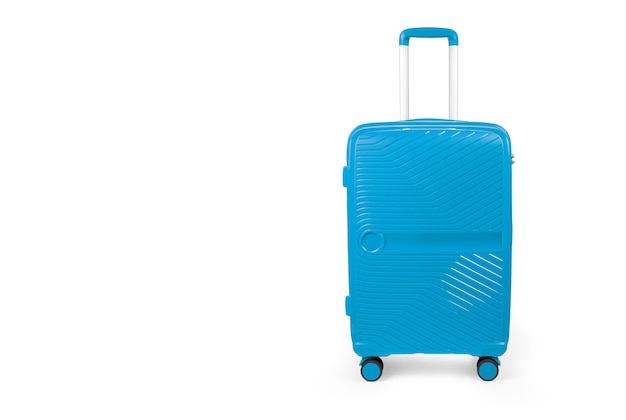 Valise isolée sur blanc Valise de voyage à la mode bleue sur fond blanc avec ombre Vue de face