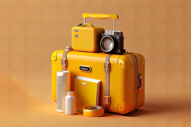 Valise jaune avec accessoires de voyageur sur fond jaune concept de voyage d'été rendu 3d