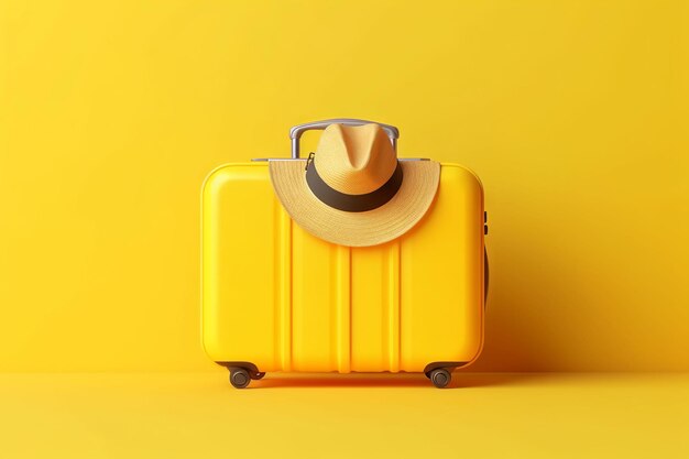 Une valise jaune avec un chapeau dessus est sur un fond jaune.