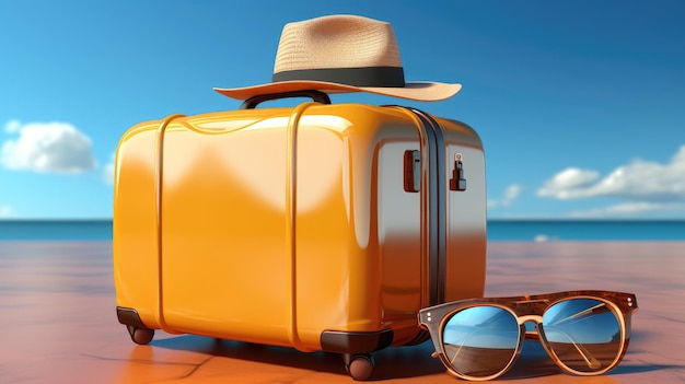 valise jaune avec chapeau de lunettes de soleil et appareil photo Generative Ai