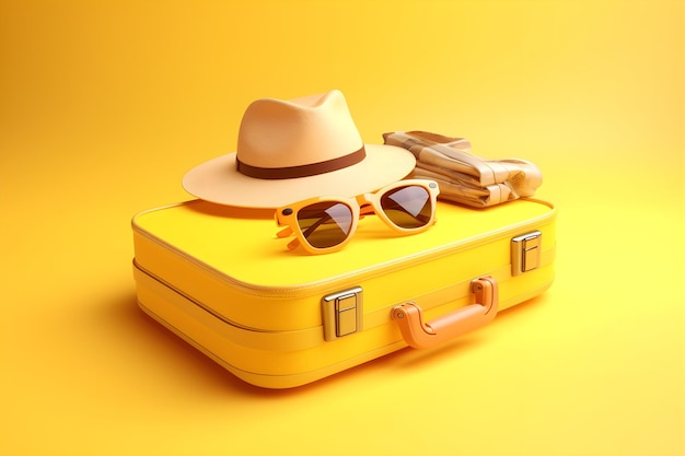 Une valise jaune avec un chapeau et des lunettes de soleil dessus