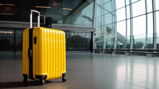 Valise jaune du voyageur à l'aéroport avant le départ concept de la journée mondiale du tourisme AI générative