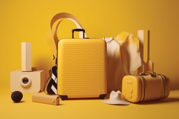 Photo une valise jaune est placée sur un fond jaune avec divers accessoires