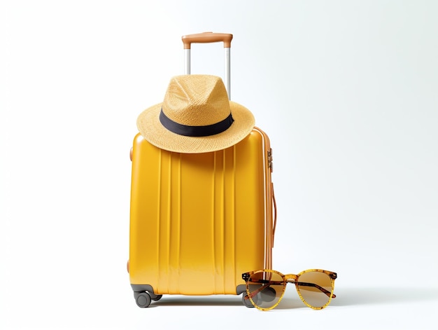 Valise jaune avec lunettes de soleil et chapeau sur fond blanc ai générative