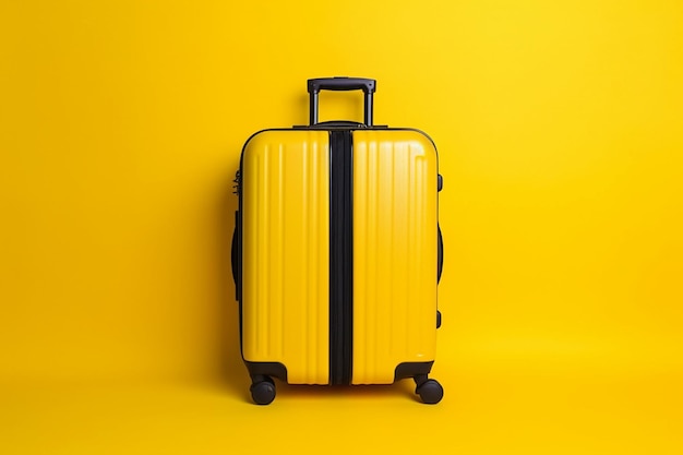 Une valise jaune avec le mot "voyage" sur le devant.