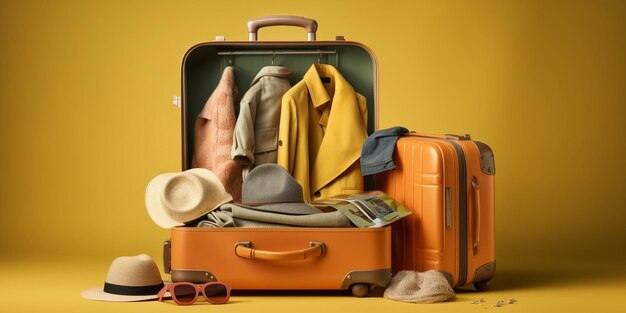 Valise jaune ouverte avec différents vêtements emballés pour le voyage à la maison IA générative