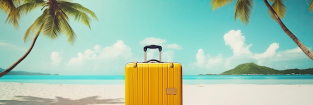 Une valise jaune sur une plage tropicale est un voyage à la mer dans un climat d'été chaud une tournée de vacances Copier l'espace mock-up bannière générée par l'IA