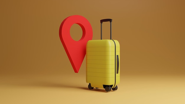 Valise jaune avec point de carte Concept de voyage