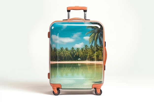une valise avec des palmiers sur le fond et le fond du fond.
