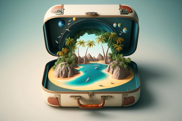 Une valise avec une photo d'une plage et un paysage tropical.