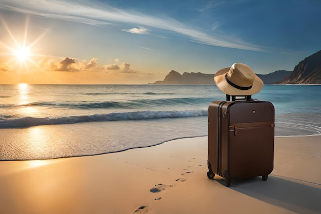 Une valise sur une plage avec un chapeau dessus