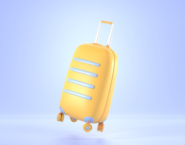 Valise en plastique jaune avec vue d'angle de roues Sac à bagages volant pour un voyage d'été ou un voyage de vacances sur fond de ciel bleu Bagages pour vol et mer vacances à la plage rendu 3d Bannière de voyage