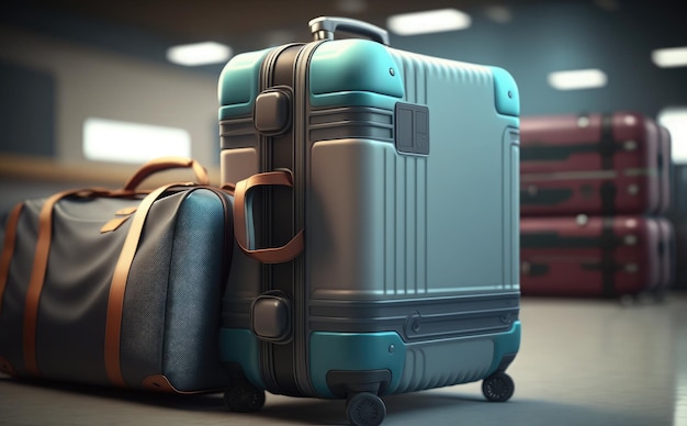 Une valise avec une poignée bleue est posée sur une table dans une pièce avec d'autres bagages.