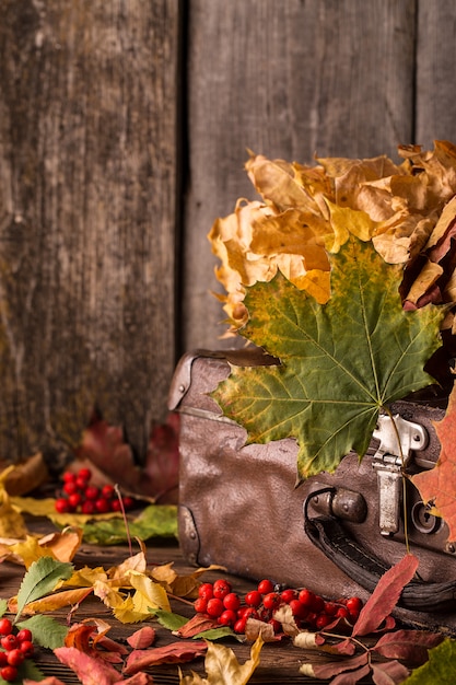 Valise rétro avec des feuilles d&#39;automne sur bois