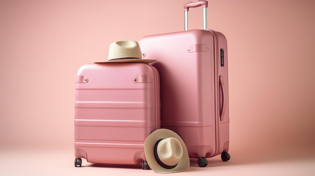 Une valise rose avec des accessoires de voyage sur un fond rose pastel concept de voyage de style minimal rendu 3D