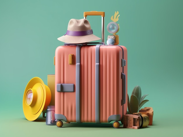 Une valise rose avec un chapeau dessus