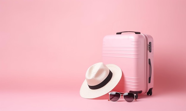 Valise rose avec un chapeau et des lunettes de soleil sur fond rose