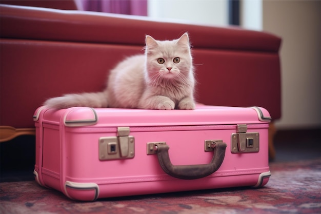 Une valise rose avec un chat de dessin animé assis dedans