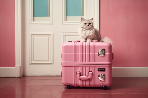 Une valise rose avec un chat de dessin animé assis dedans