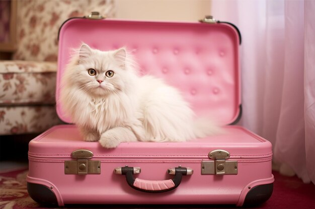 Une valise rose avec un chat de dessin animé assis dedans