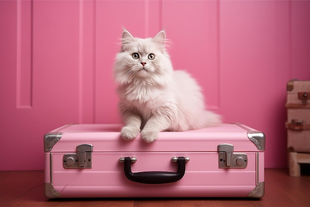 Une valise rose avec un chat de dessin animé assis dedans