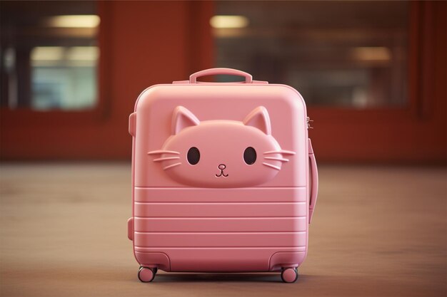 Une valise rose avec un chat de dessin animé assis dedans