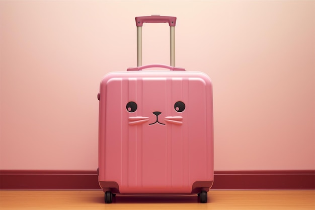 Une valise rose avec un chat de dessin animé assis dedans