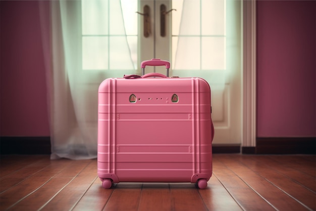 Une valise rose avec un chat de dessin animé assis dedans