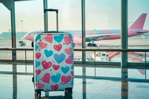 Photo une valise rose avec des cœurs sur elle est assise devant un avion.