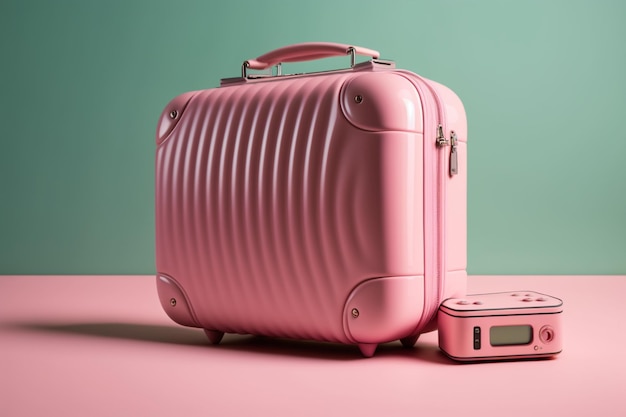 Photo une valise rose avec une petite horloge sur le côté.