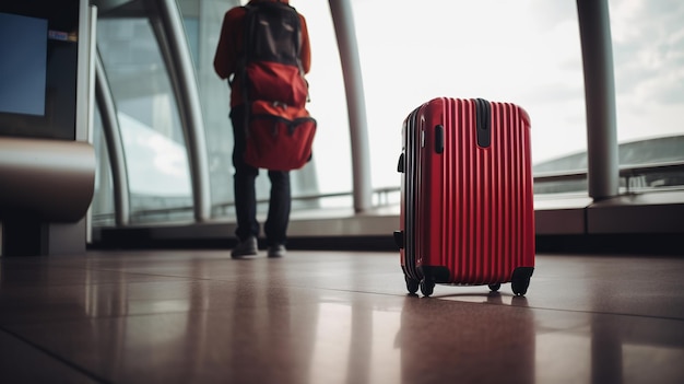 Valise rouge du voyageur à l'aéroport avant le départ concept de la journée mondiale du tourisme AI générative