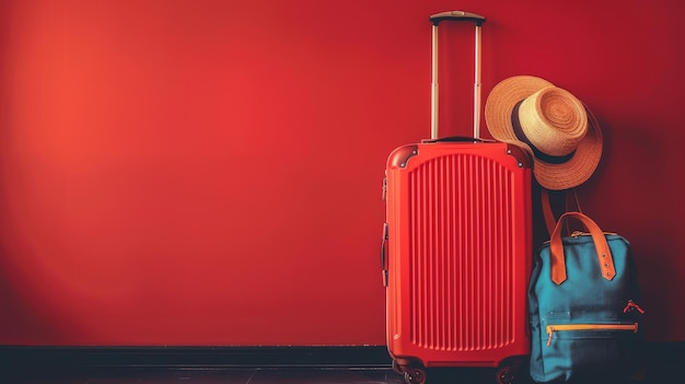 Une valise rouge élégante et un sac à dos bleu avec un chapeau de paille contre le mur rouge prêts pour les vacances d'été