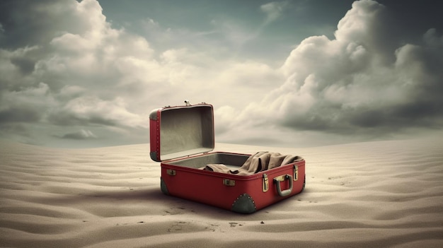 Une valise rouge est assise dans le sable avec le mot voyage dessus.