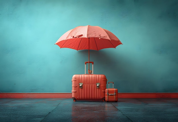 Une valise rouge et un parapluie contre un mur bleu représentant un concept de voyage ou de protection