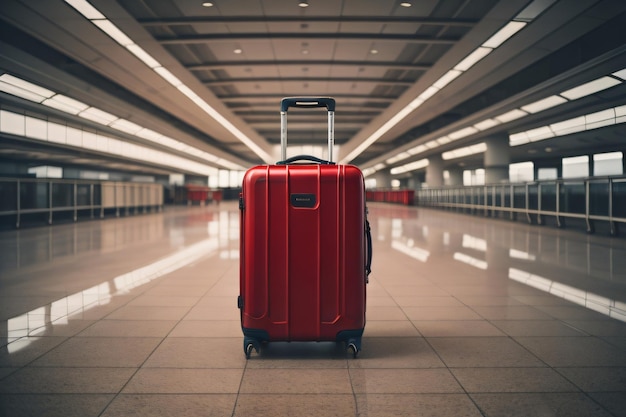 Une valise rouge se trouve dans un terminal d'aéroport.