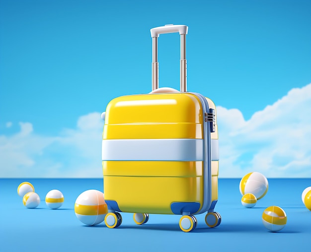 valise à roulettes jaune sur fond bleu rendu 3d avec ballon de plage génératif Ai