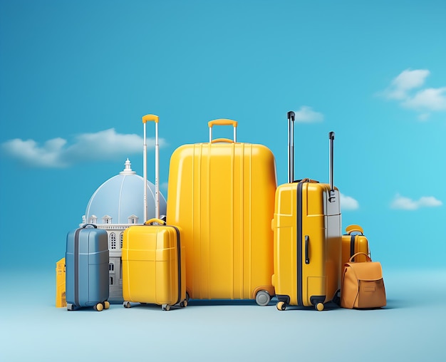 valise à roulettes jaune sur fond bleu rendu 3d avec ballon de plage génératif Ai