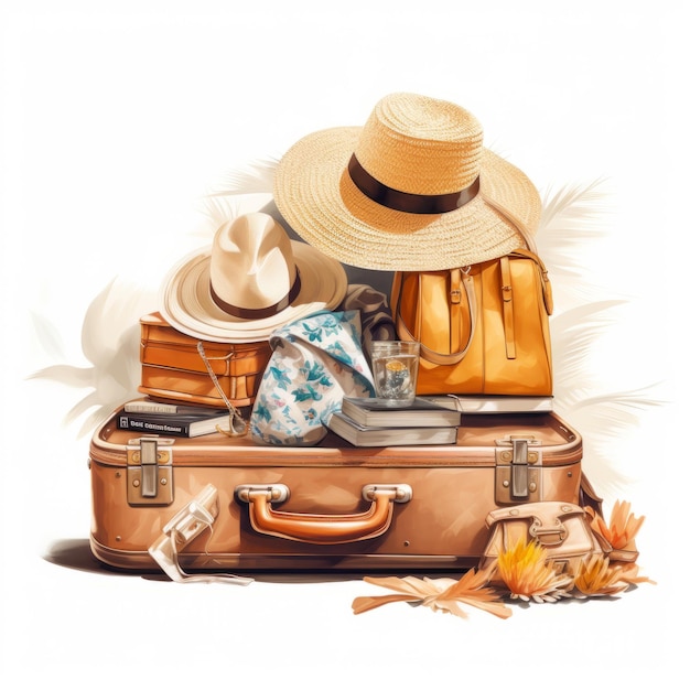 Valise avec sac de paille et un chapeau Illustration de concept de voyage