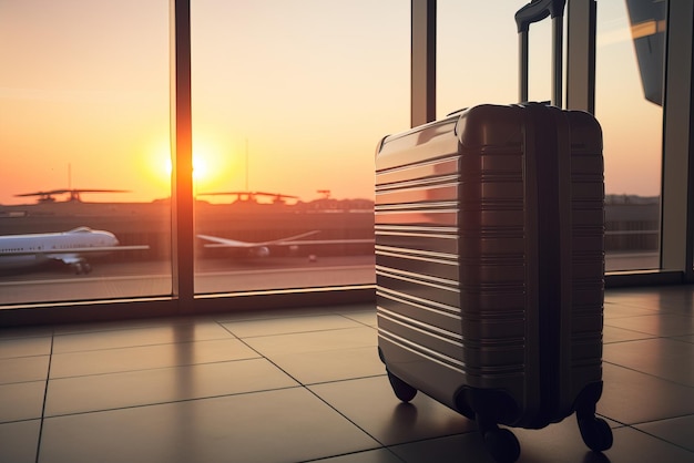 Valise sur le sol d'un aéroport au coucher du soleil Travel concept