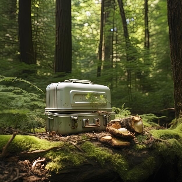 Photo une valise verte avec un autocollant sur elle est assise sur un tronc dans les bois