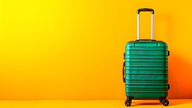 Une valise verte vibrante sur un fond jaune vif signifie voyage et aventure Image simple mais frappante pour les voyageurs modernes Parfaite pour les publicités touristiques AI