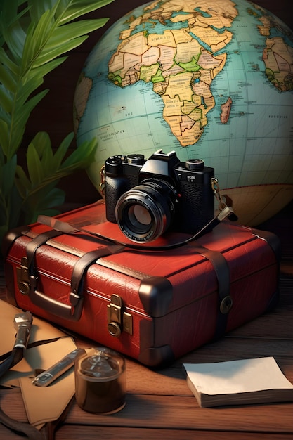 Valise vintage et appareil photo sur une terrasse en bois générée par l'IA