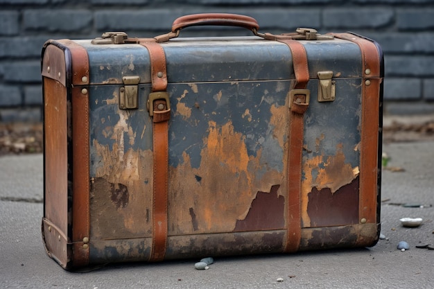 Photo une valise vintage avec de la peinture bleue et des sangles de cuir brun.